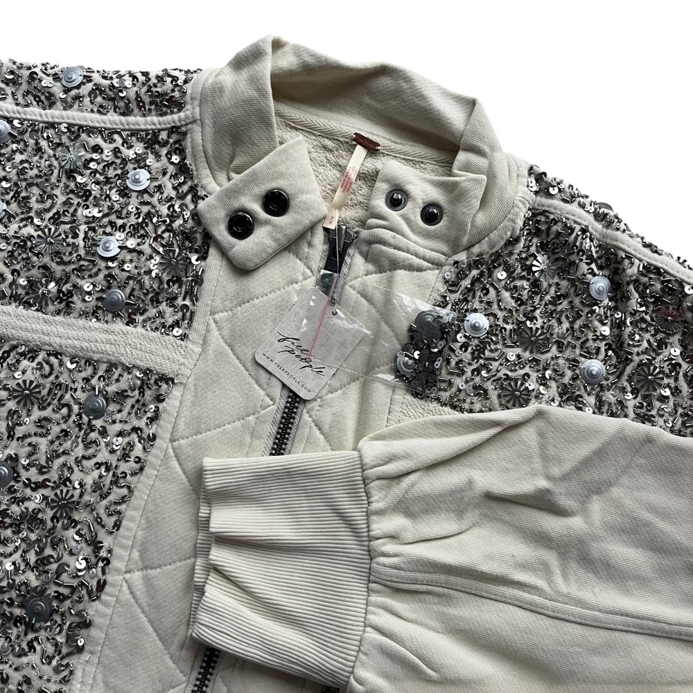 Free People Women's Md Cream Snowing Combo Embellished Sequin Sparkle Sweatshirt